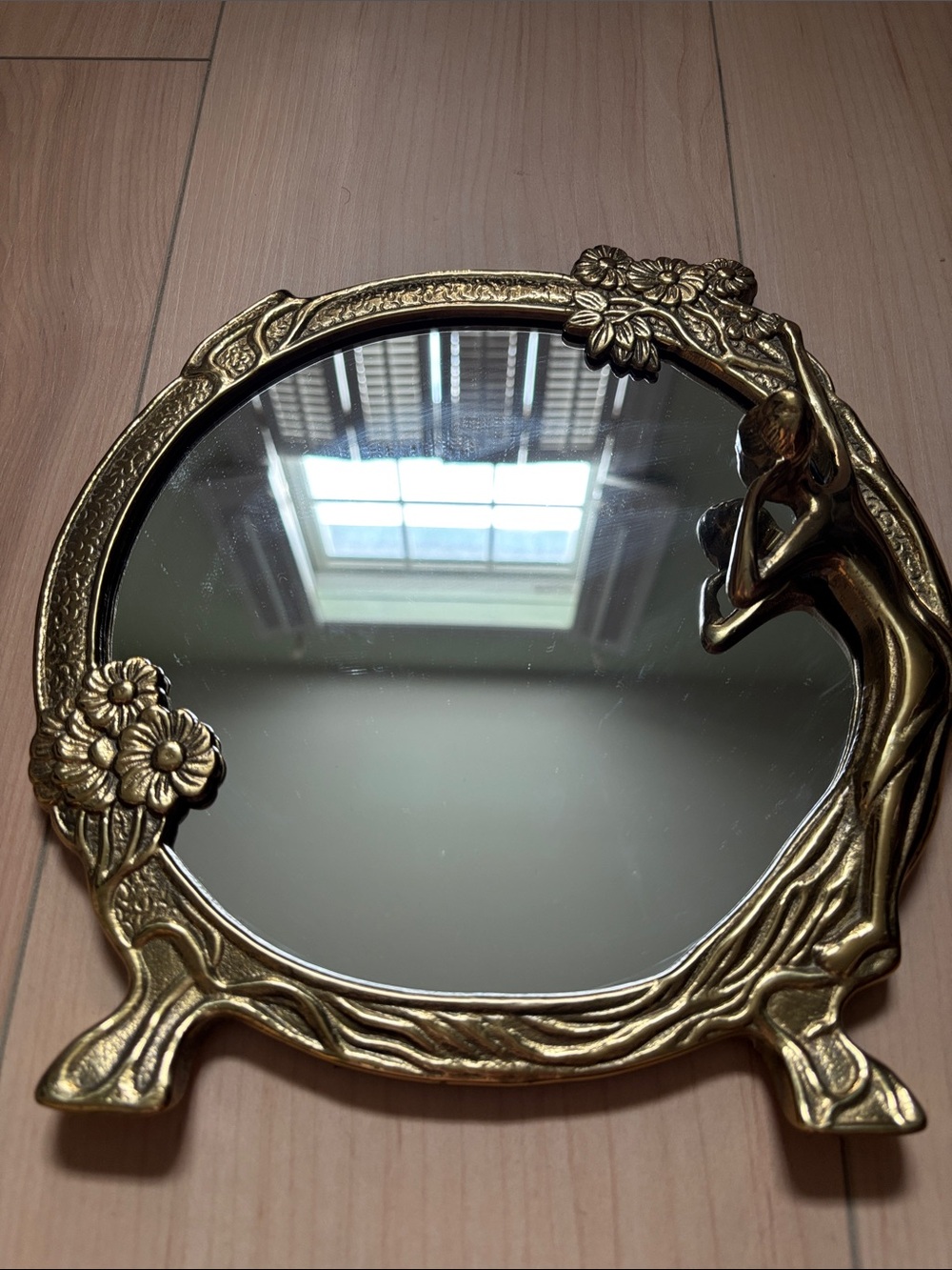 Vintage Solid Brass Art Nouveau Round Lady Mirror.